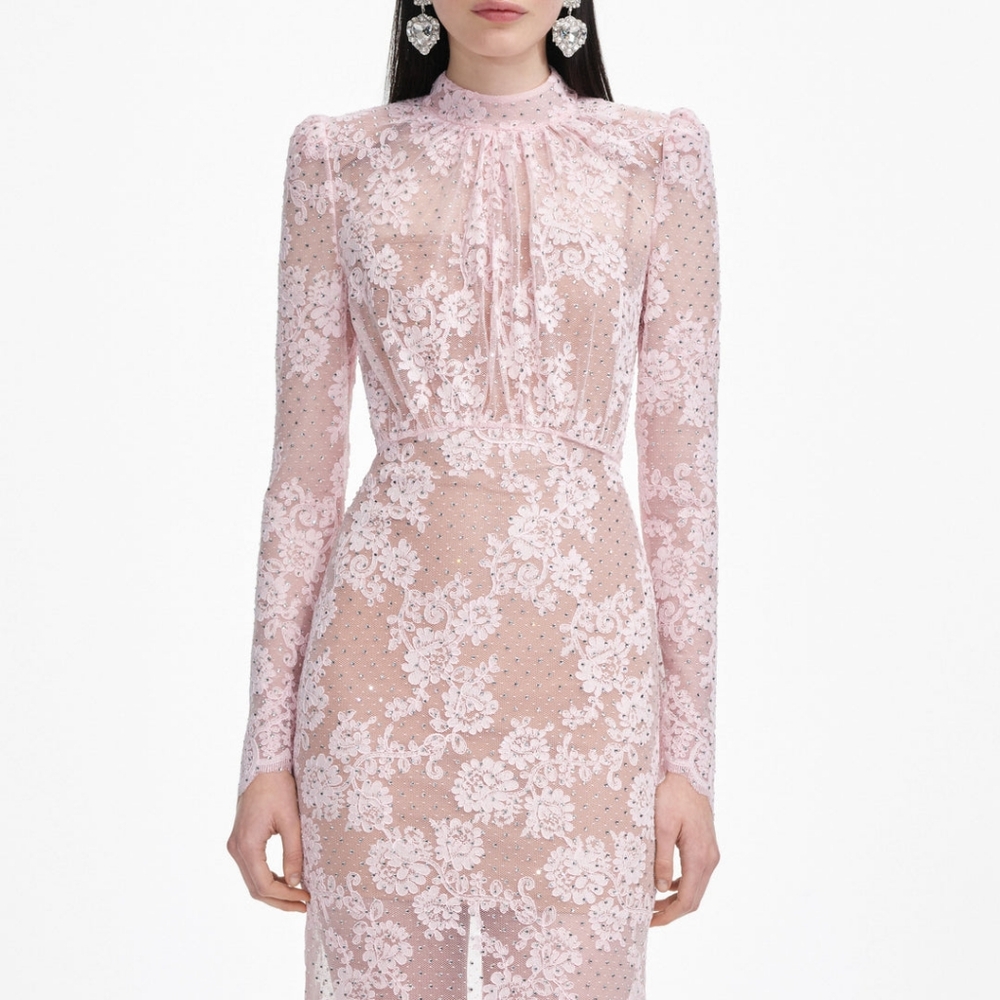 Self-Portrait Pale Pink Rhinestone Lace Maxi Dress - Picture 4 of 6